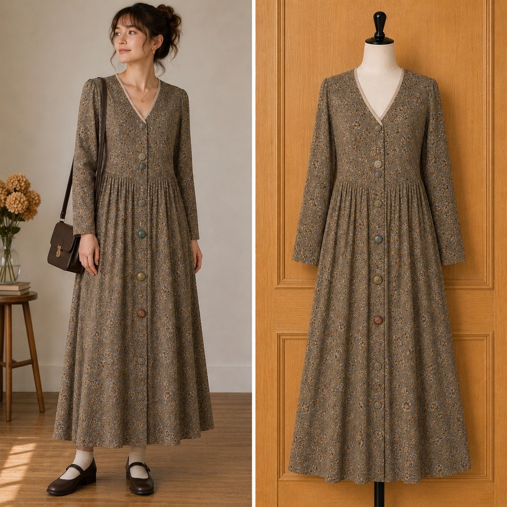 Zoe California Maxi Dress L Olive Green Floral Button up Vtg grandma cottage